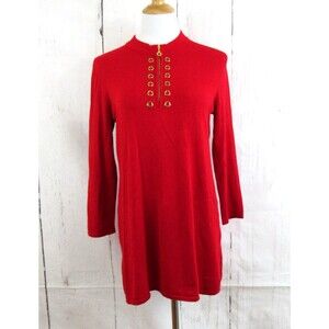 Cable & Gauge Women's 1/4 Zip Tunic Sweater Gold Grommet Accents Red Size M